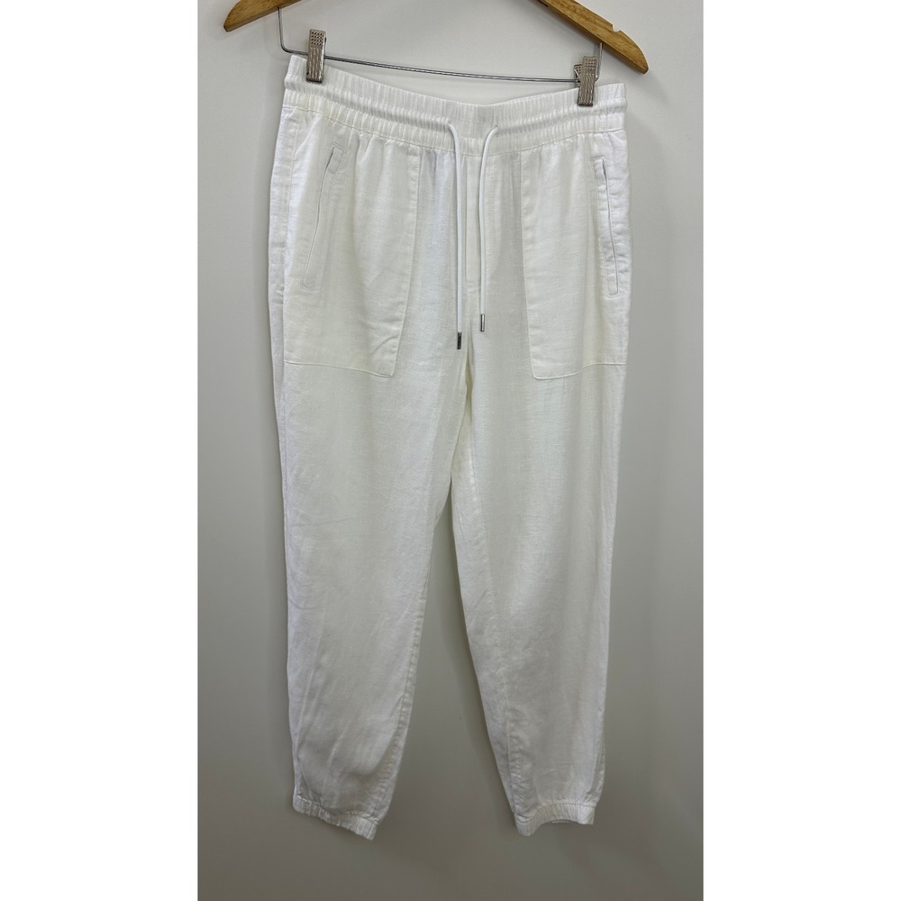 Athleta Retreat 100% Linen Jogger Pants White Resort Beach Zip Pockets Size 6 - Picture 2 of 14
